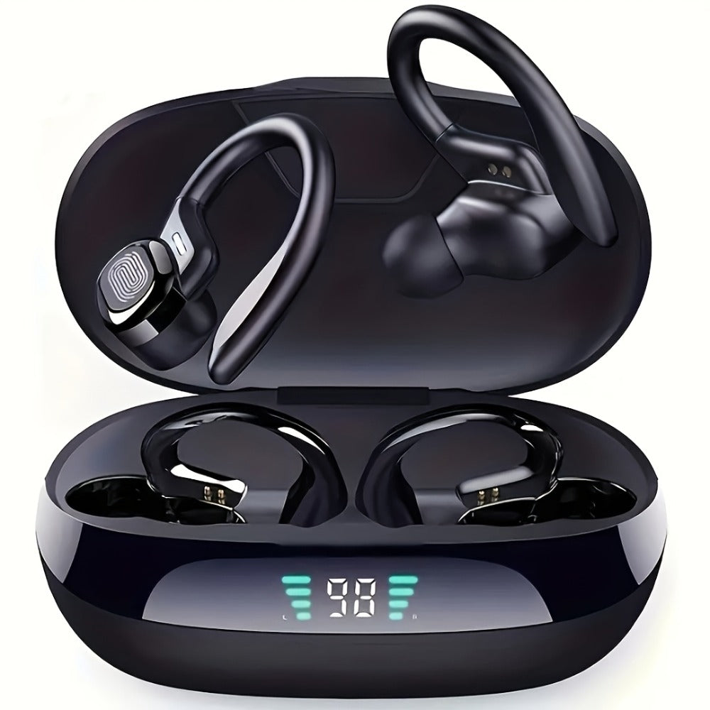 Wireless Earbuds Bluetooth 5.4 Open-Ear Sport Hooks with LED Charging Case in Black or Pale Red
