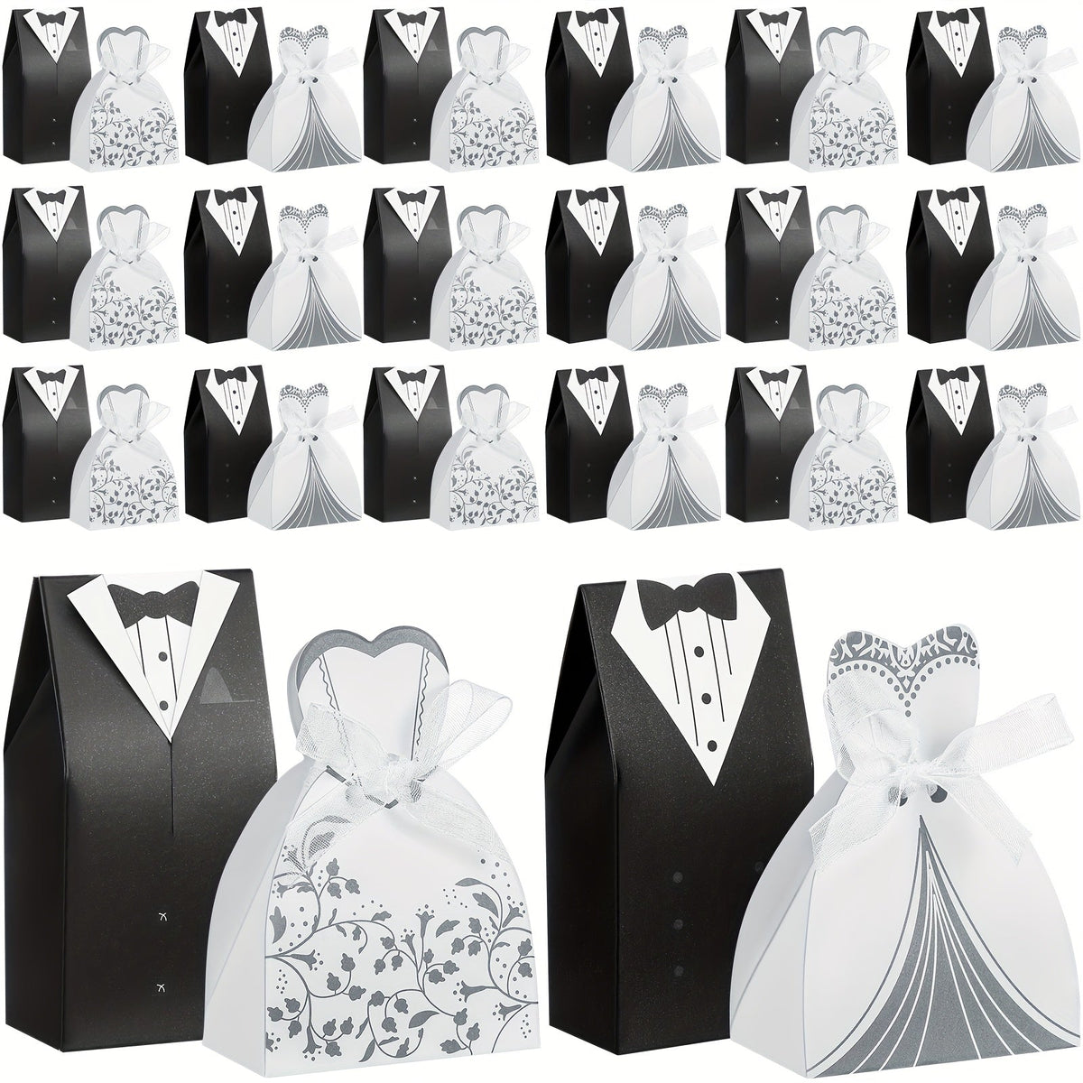 100 Pcs Wedding Party Favor Boxes Dress & Tuxedo Candy Gift Boxes with Ribbon, Vintage Bridal Shower Birthday Bags Bulk Decoration