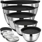 8PCS/Set-Labeled Mixing Bowl Set with Black Lids, Nested Bowls and Three Removable Grater Inserts