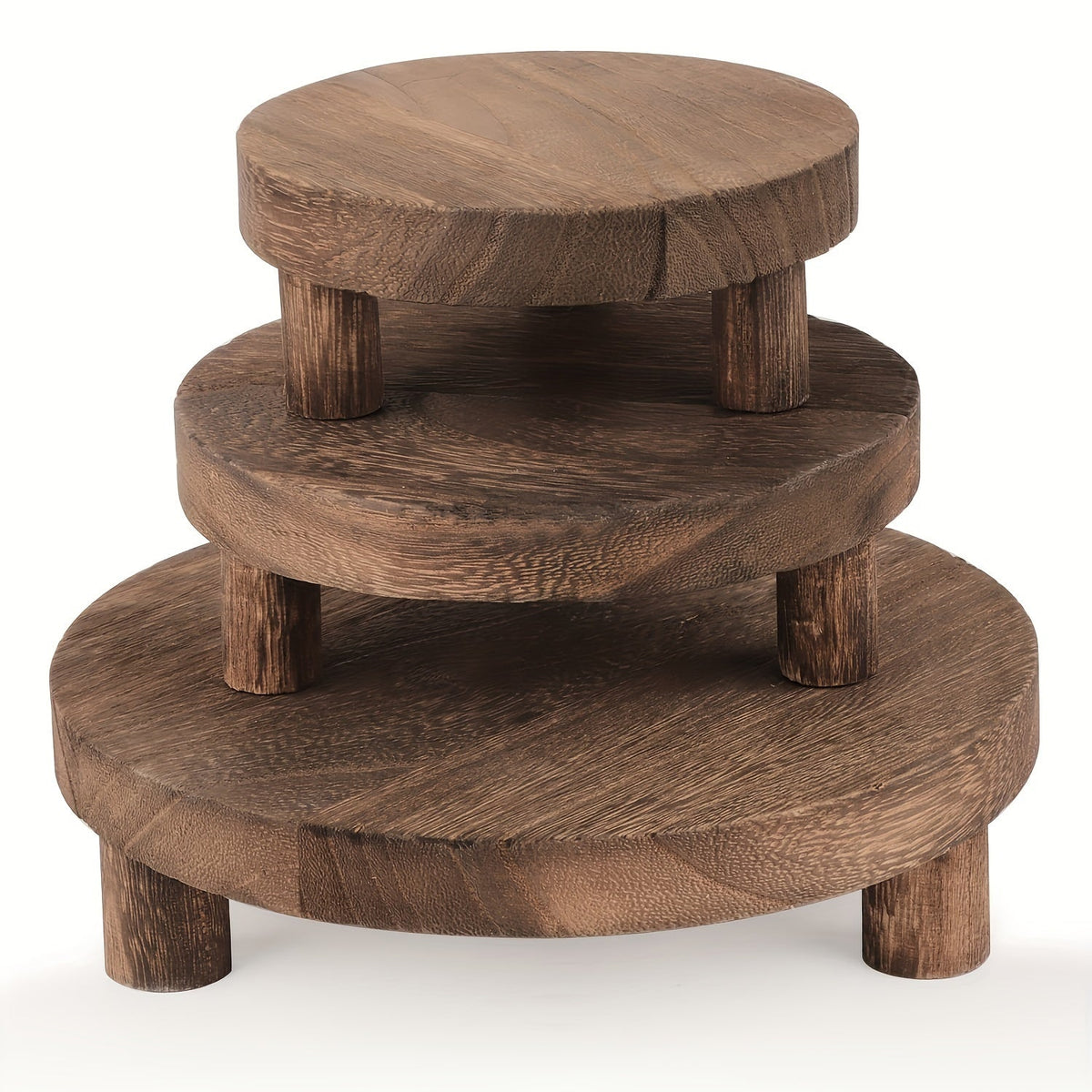 Wooden Display Riser Stands 3pcs Set Rustic Multi-Tier Cake Stand with Sleek Legs - Natural for Entryways, Bedrooms and Living Spaces