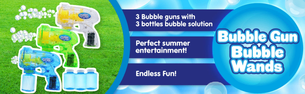 3-Pack Bubble Gun Blower with 3 Pre-Loaded Solution Refills, Hand-Powered, Color-Changing Bubbles