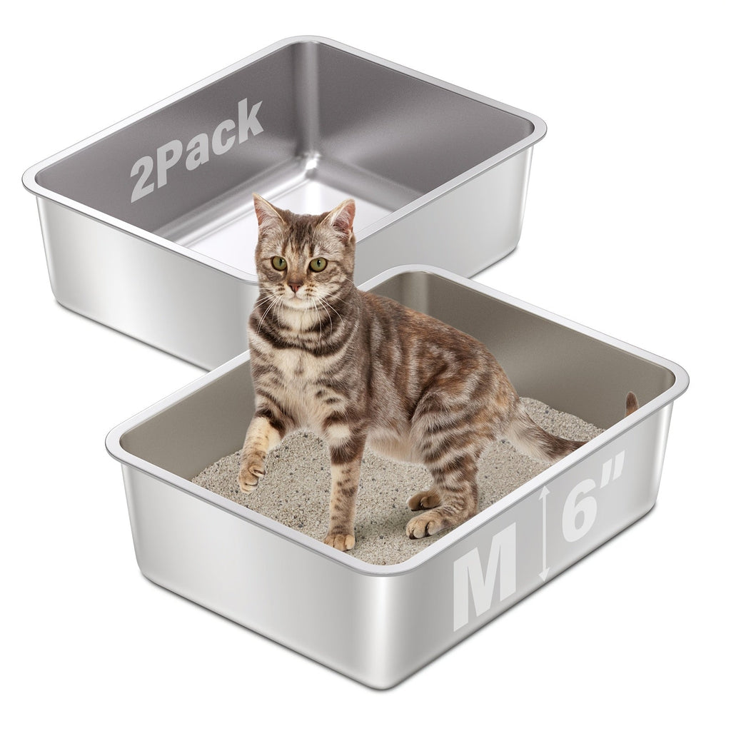 Stainless Steel Cat Litter Box – Non-Stick Odor-Free Easy Clean Metal Litter Pan for Medium & Large Cats, 2-Pack, Available in M / XL / XXL