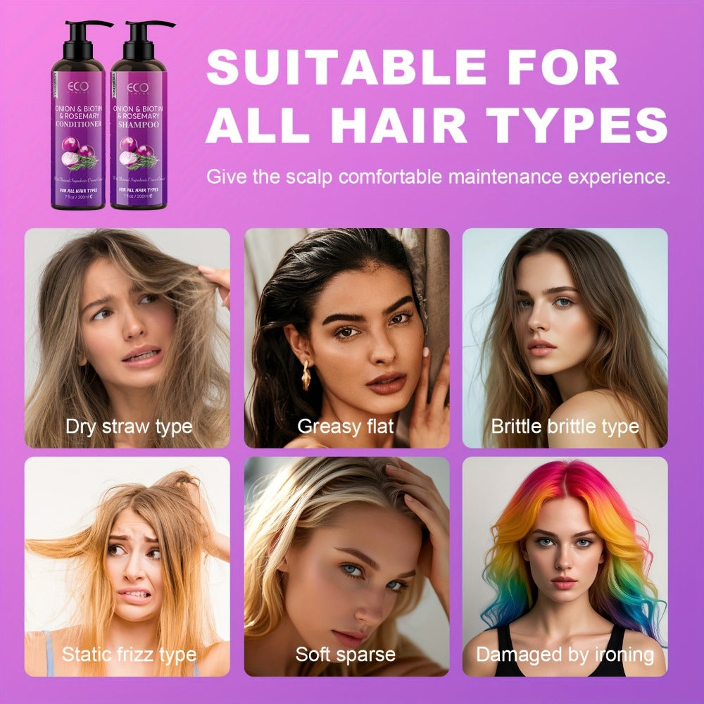 Onion, Biotin and Rosemary-Labeled Shampoo and Conditioner Set in Purple Pump Bottles with Jojoba Oil Wording