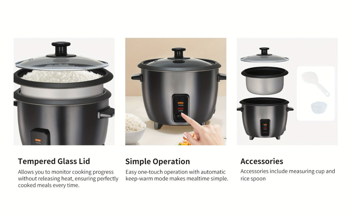 Three-Cup Uncooked / Six-Cup Cooked Rice Cooker with One-Touch Cook and Warm Modes, Inner Pot and Accessories