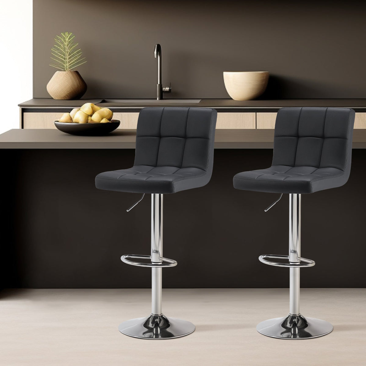 2-Piece Set Faux Leather Bar Stool with Adjustable Height and Armrests for Kitchen