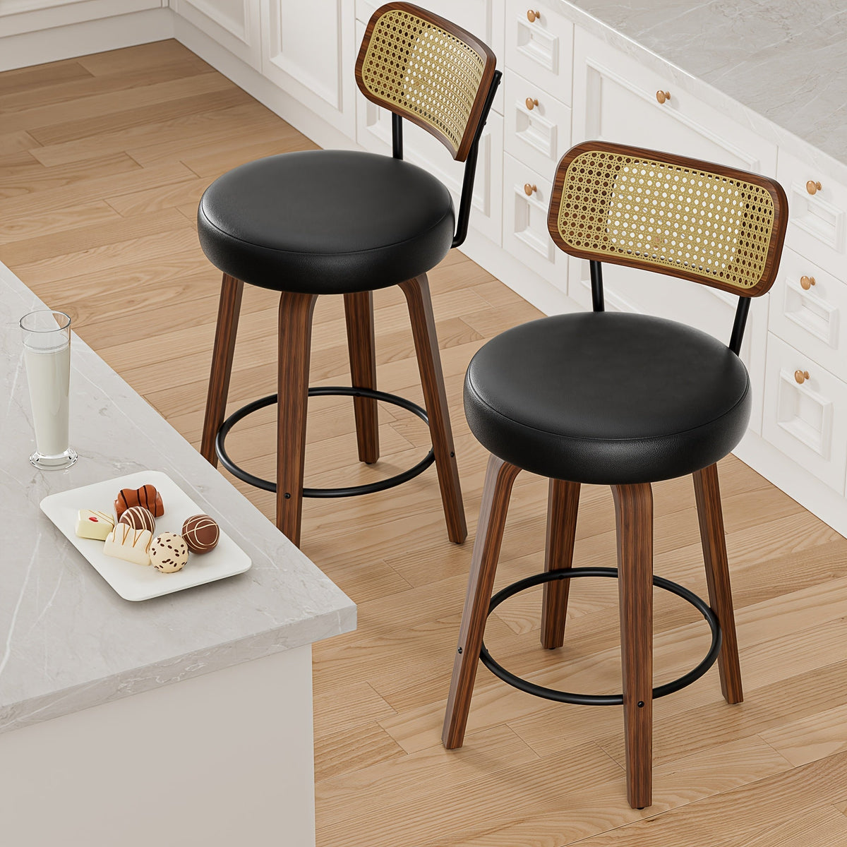 2-Piece Set Faux Leather Bar Stools with Solid Wood Construction and Adjustable Height