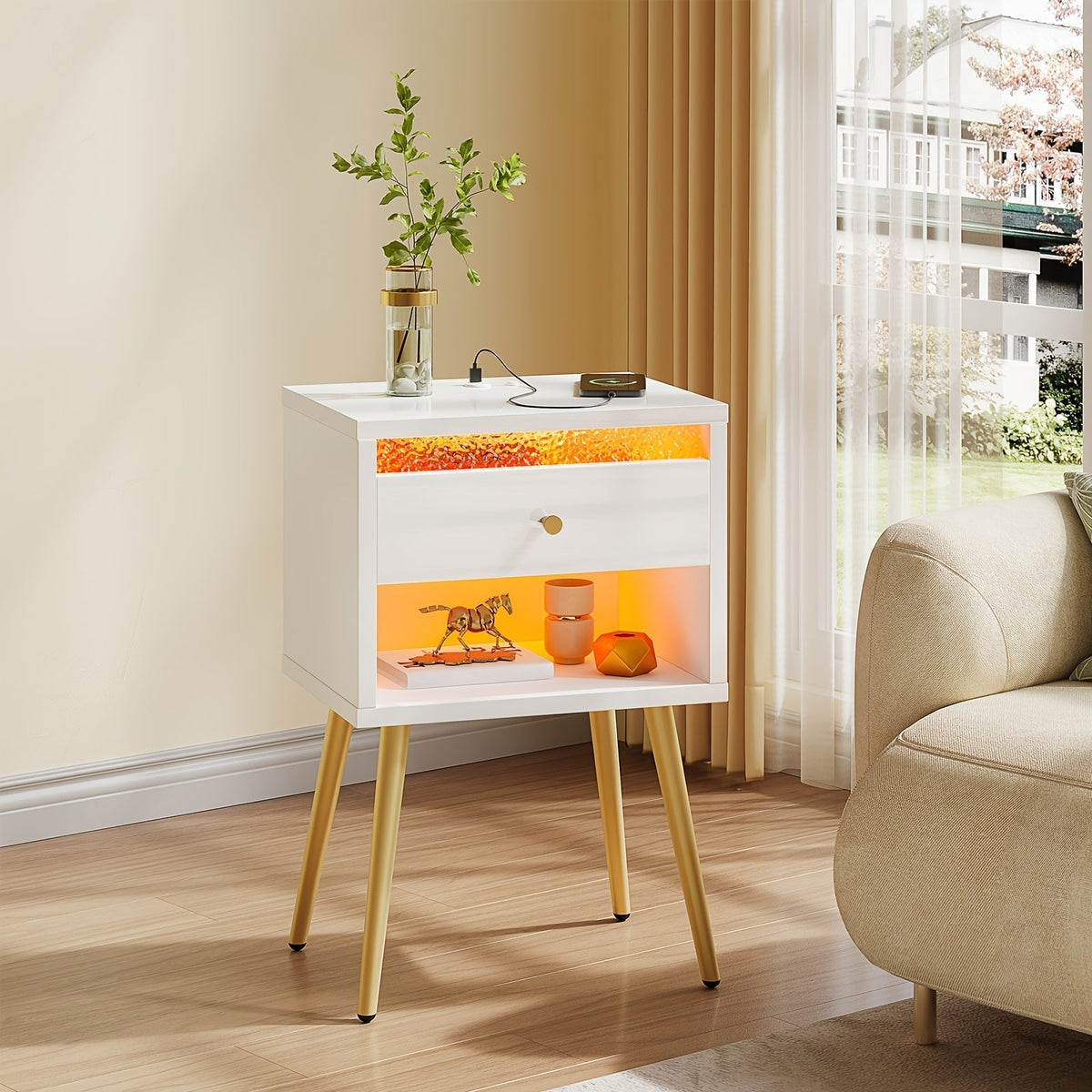 Nightstand One-Drawer Side Table with USB and Type-C Charging, LED Light and Open Storage Shelf