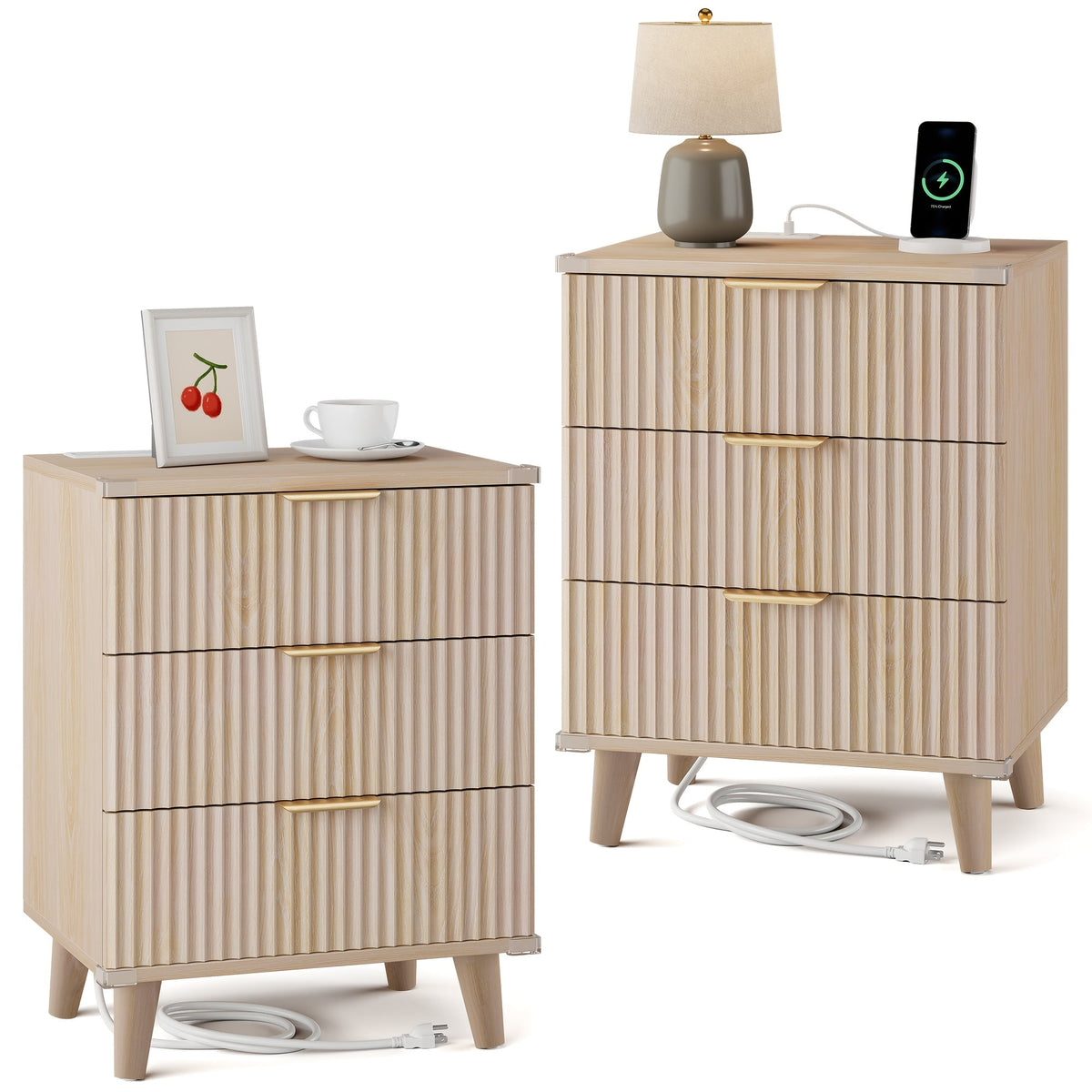 Nightstand Fluted Three-Drawer Bedside Table with Charging Station and Single or Two-Piece Options