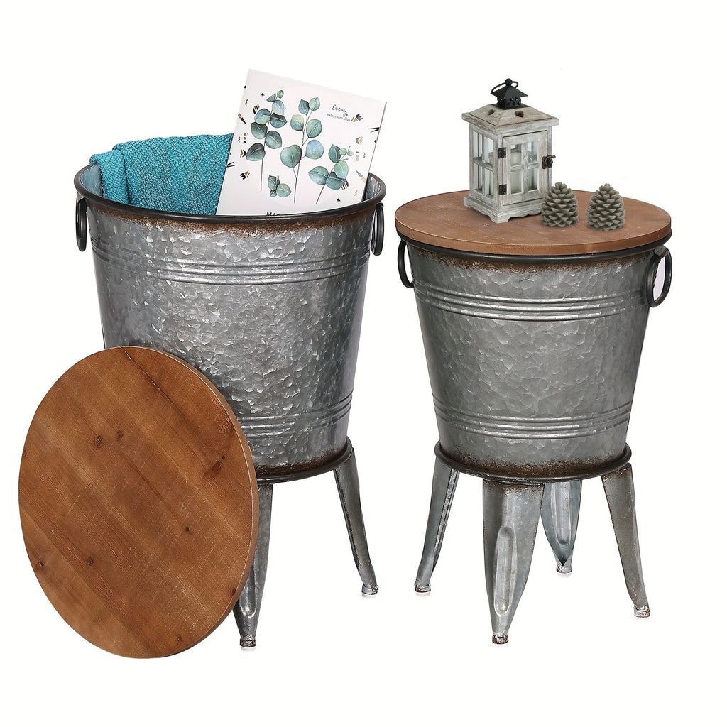 Two-Piece Round Nesting End Table Set with Bucket-Style Bases, Wood-Look Tops and Three Finish Options