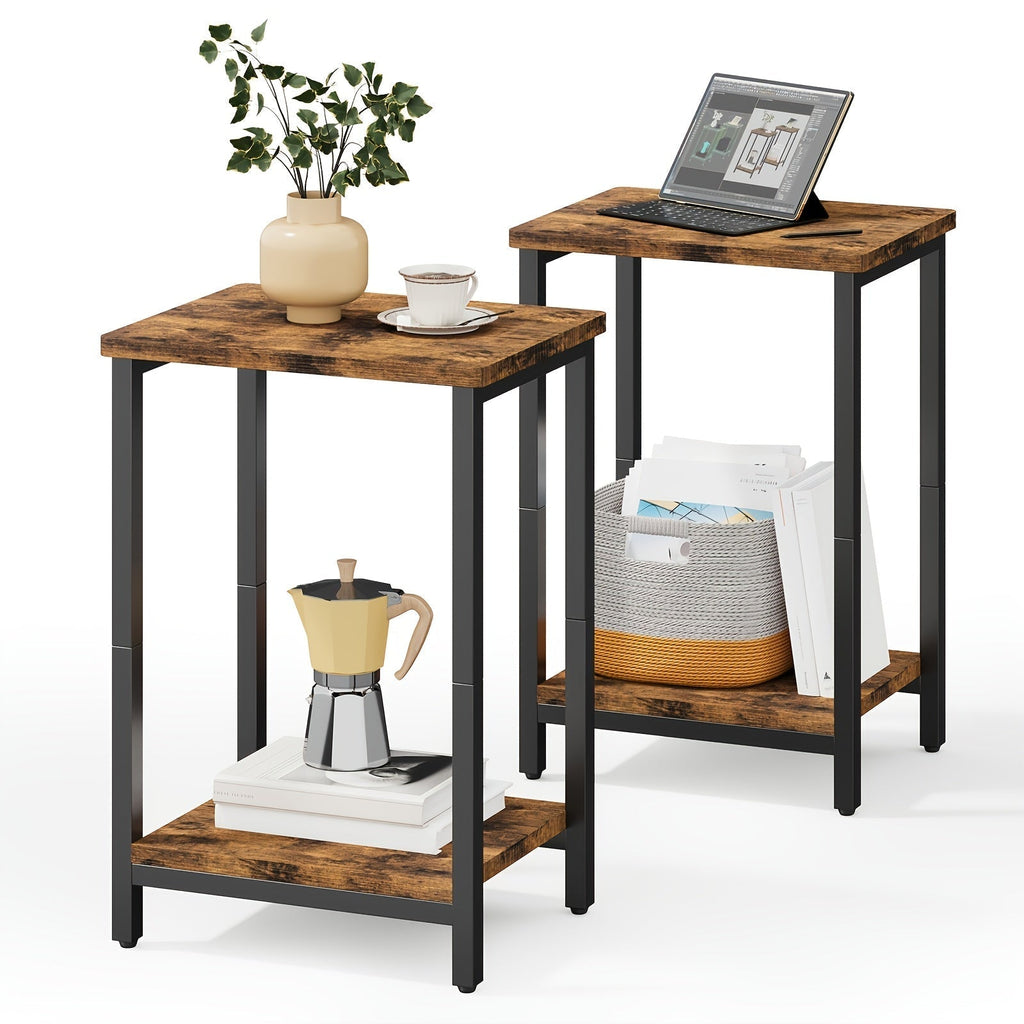 Side Table Set of 2 with Rustic Brown and Black Finish, Two-Tier Open Shelves and Assembly Hardware
