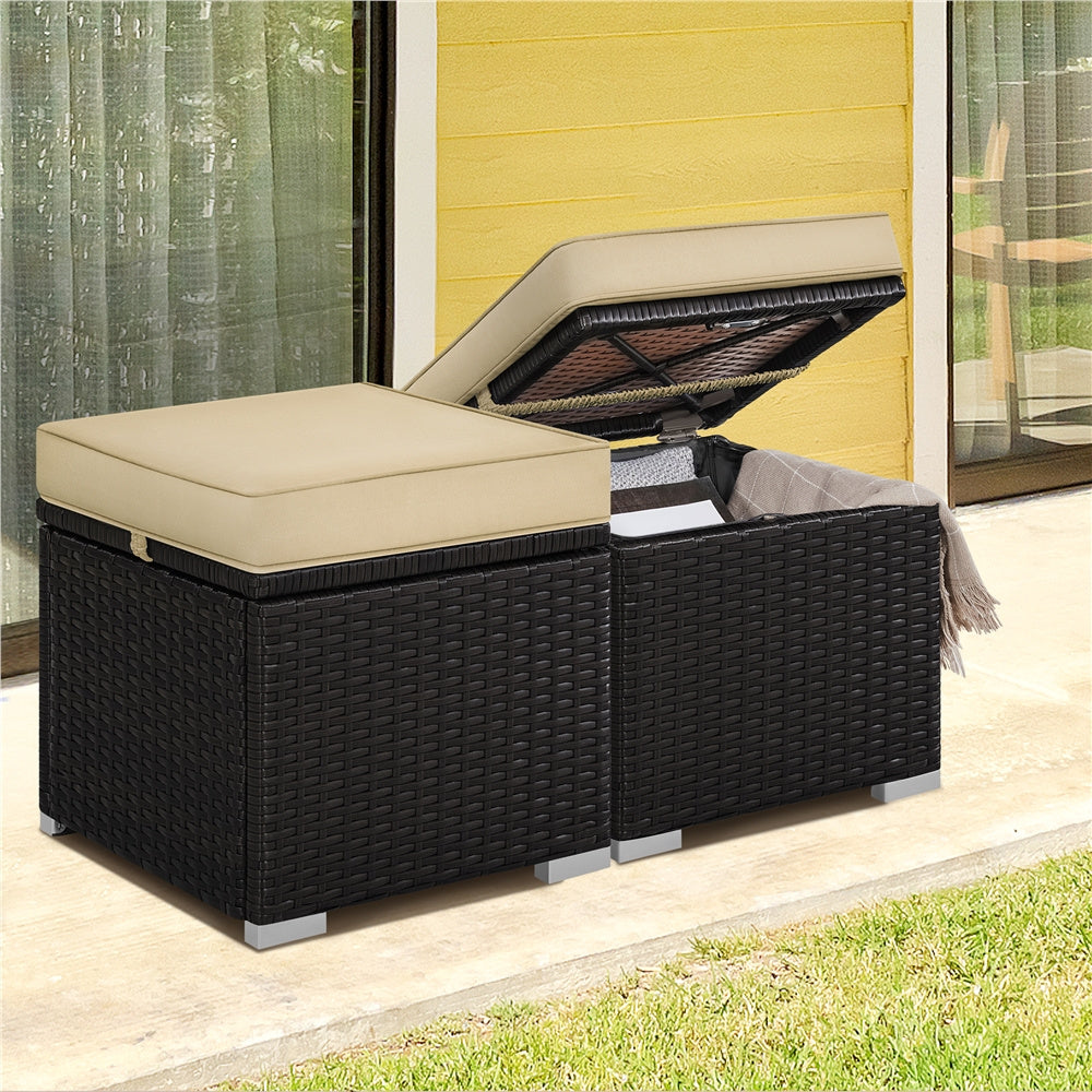 2-Piece Set Wicker Outdoor Ottoman with Hidden Storage and Removable Cushions