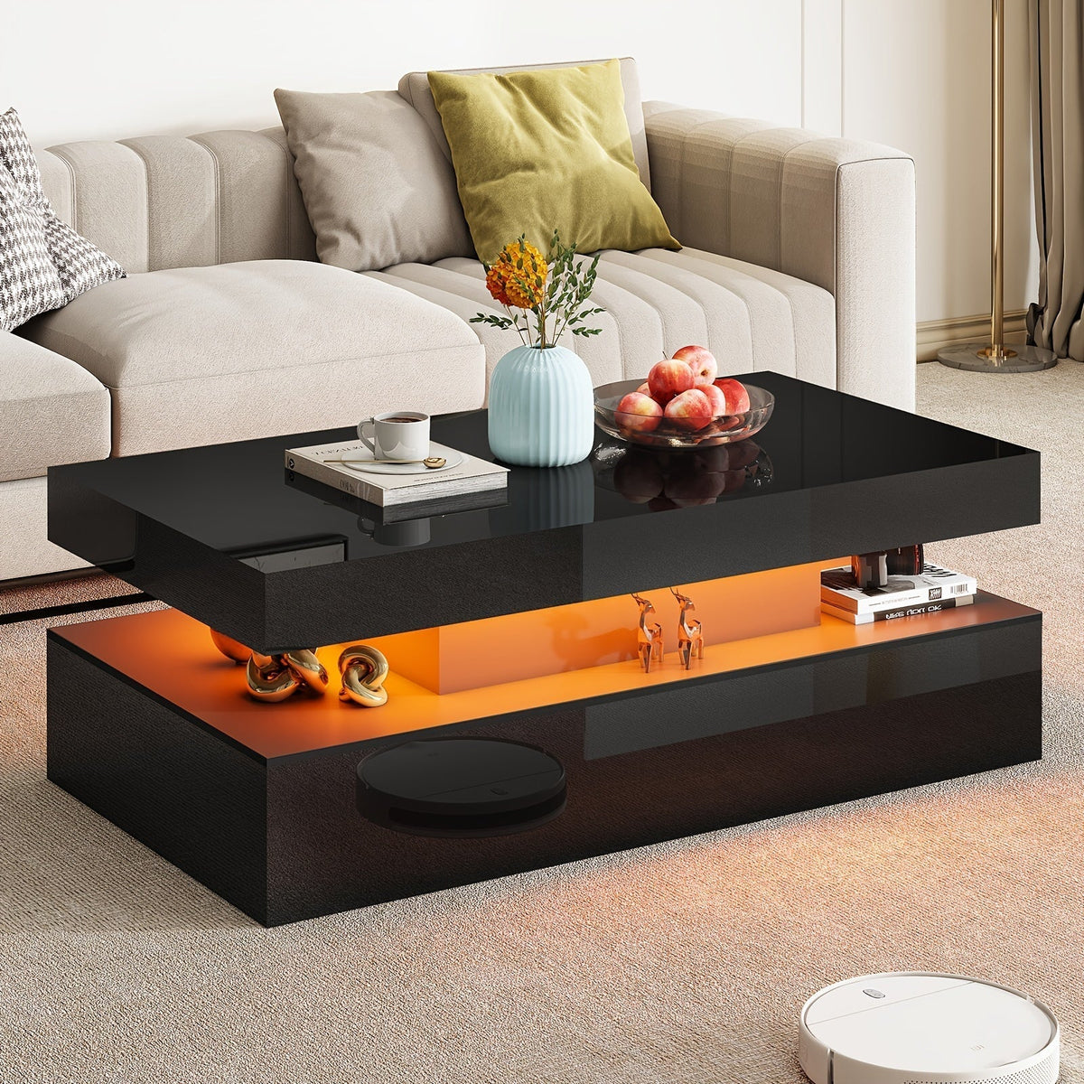 Coffee Table AMERLIFE 40-Inch High-Gloss MDF LED Design with Open Shelf and Black, White or Grey Finish Options