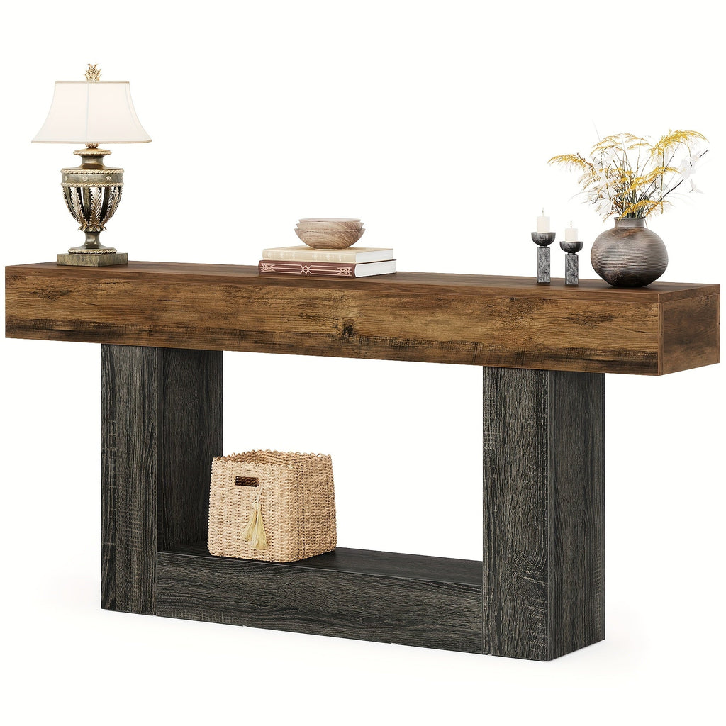 63-Inch Two-Tier Console Table with Chunky Frame, Centered Lower Shelf and Five Wood-Look Finishes