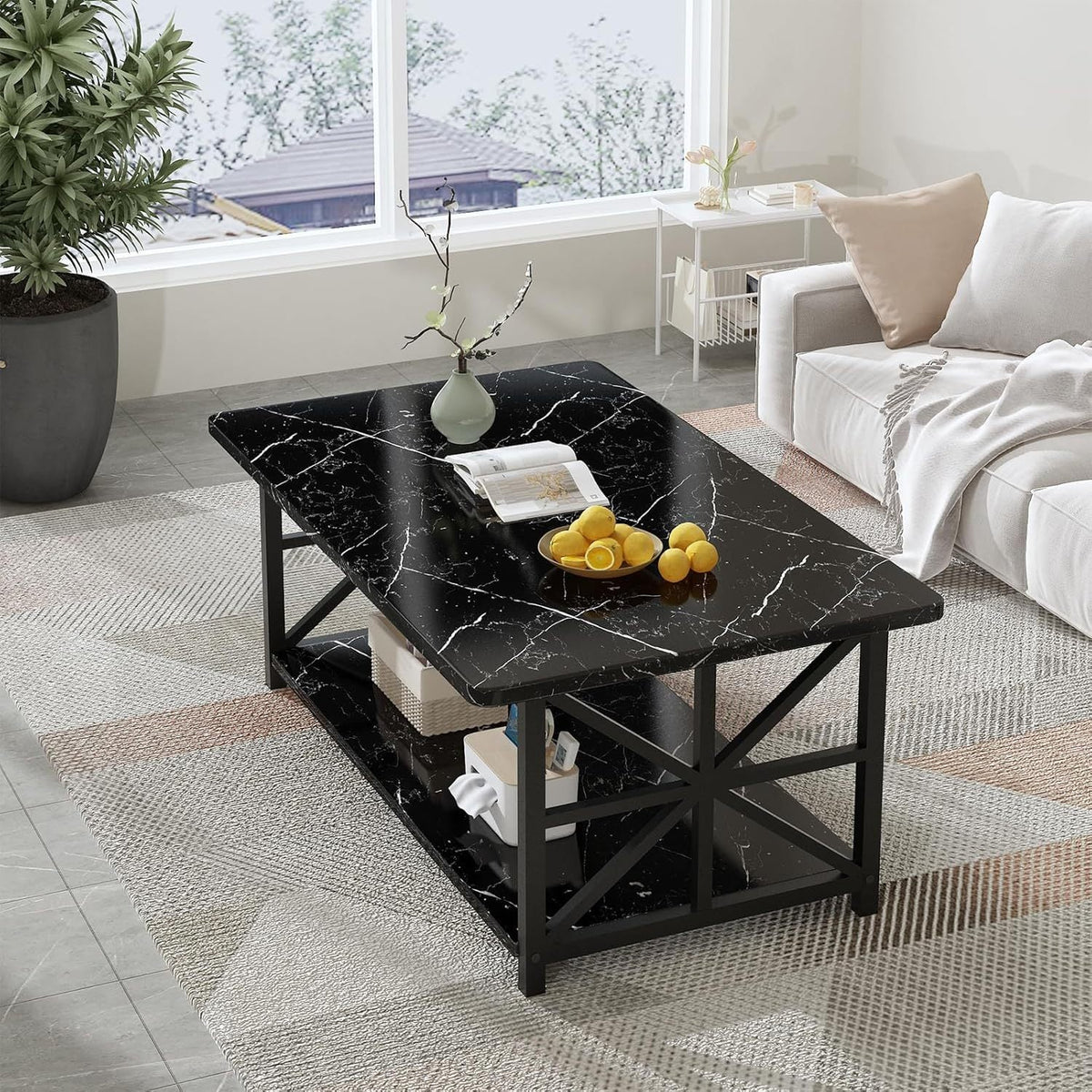 Coffee Table with 2-Tier Faux Marble MDF Surfaces, Asterisk Metal Side Frames and Three Color Options