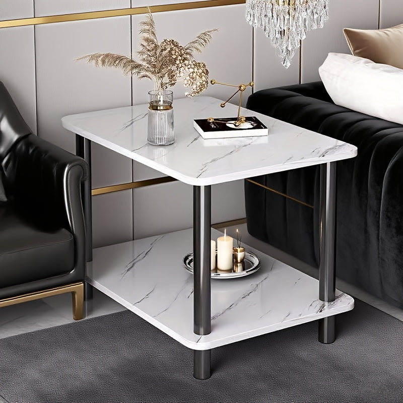 Side Table Two-Tier Faux Marble-Look Top with Open Lower Shelf in White, Black or Brown Finish