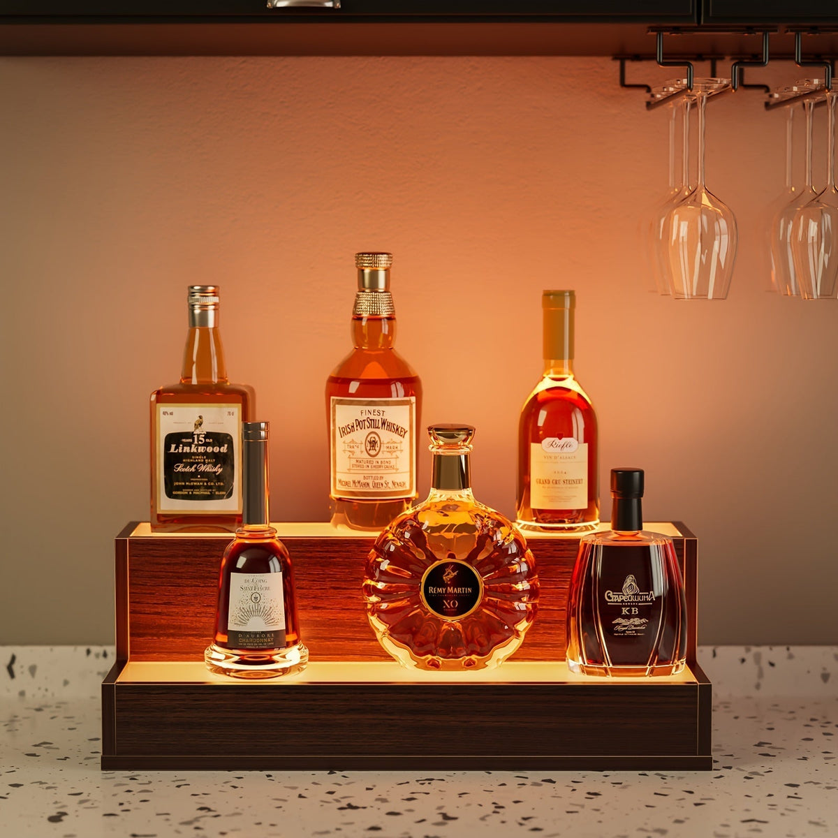 2-Tier Freestanding Bar Shelf with LED Lighting for Organized Everyday Storage