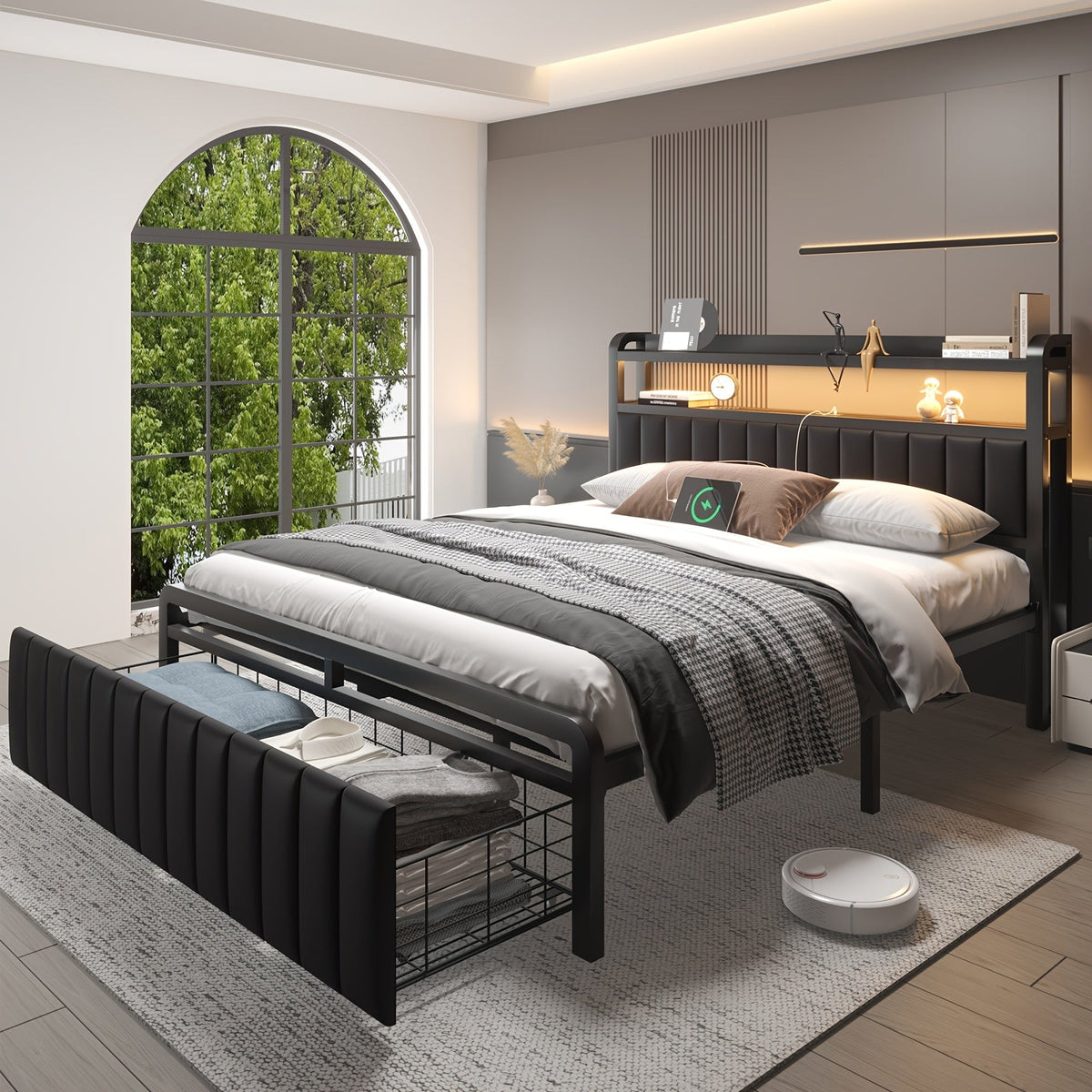 Bed Frame Steel Platform with 2-Tier Shelf Headboard, Hidden Drawers and 800 lb Weight Capacity