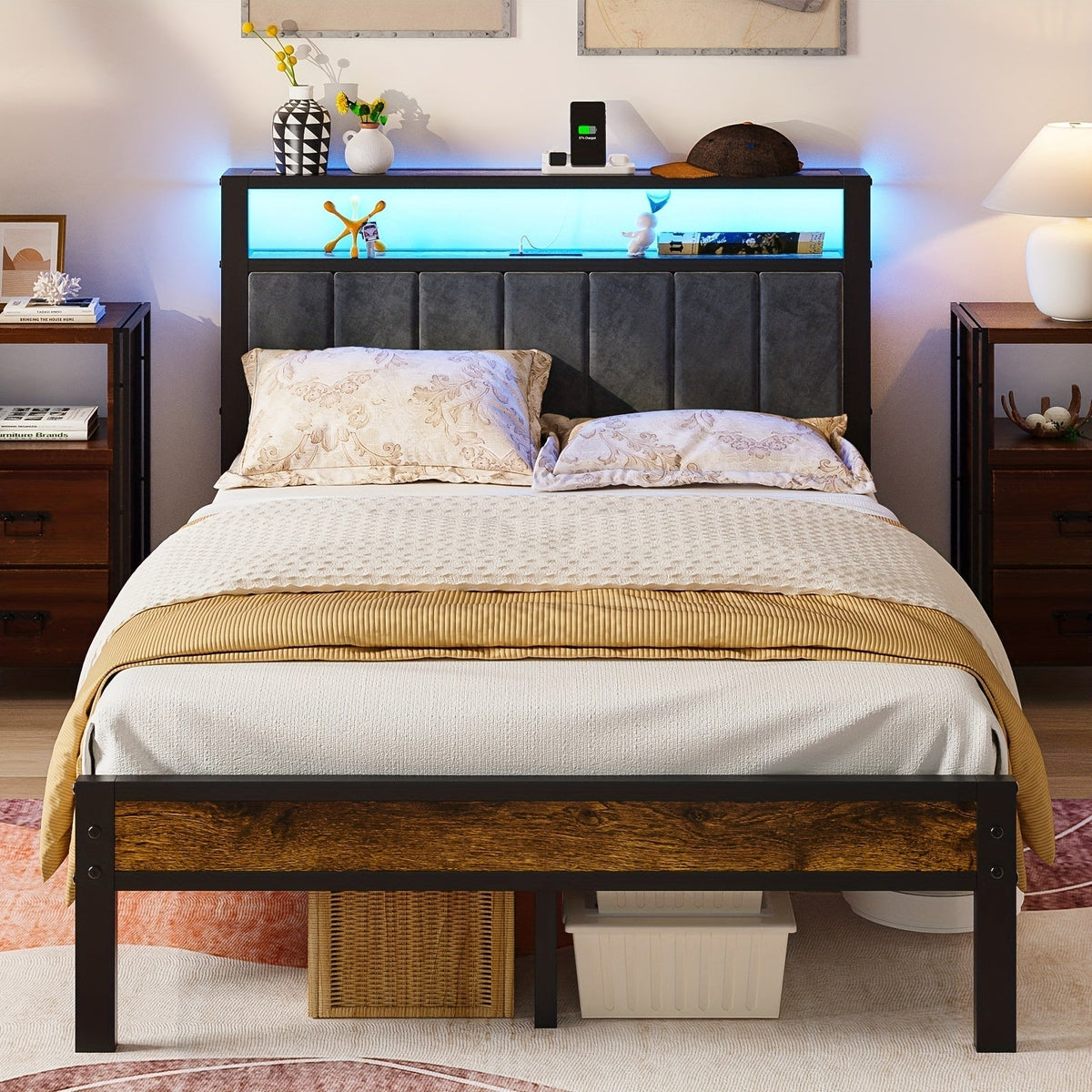 Bed Frame Steel Platform with 2-Tier Headboard Shelf, Built-In LED Lighting and Type-C Charging Station