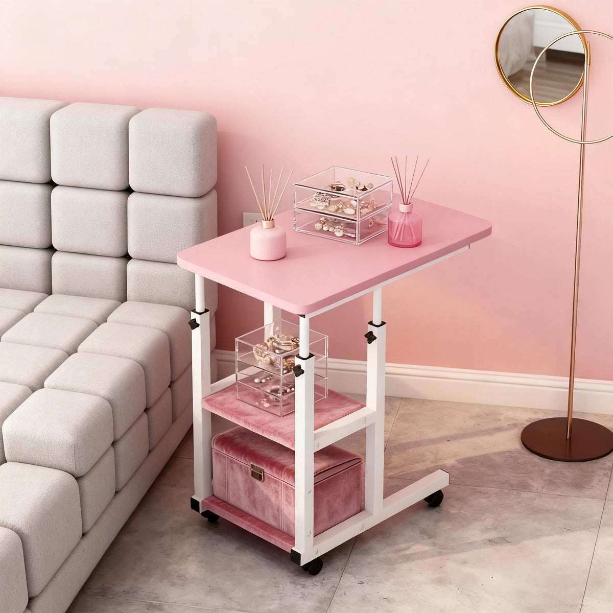 2-Tier Rolling Bedside Table with Rolling Wheels for Living Room