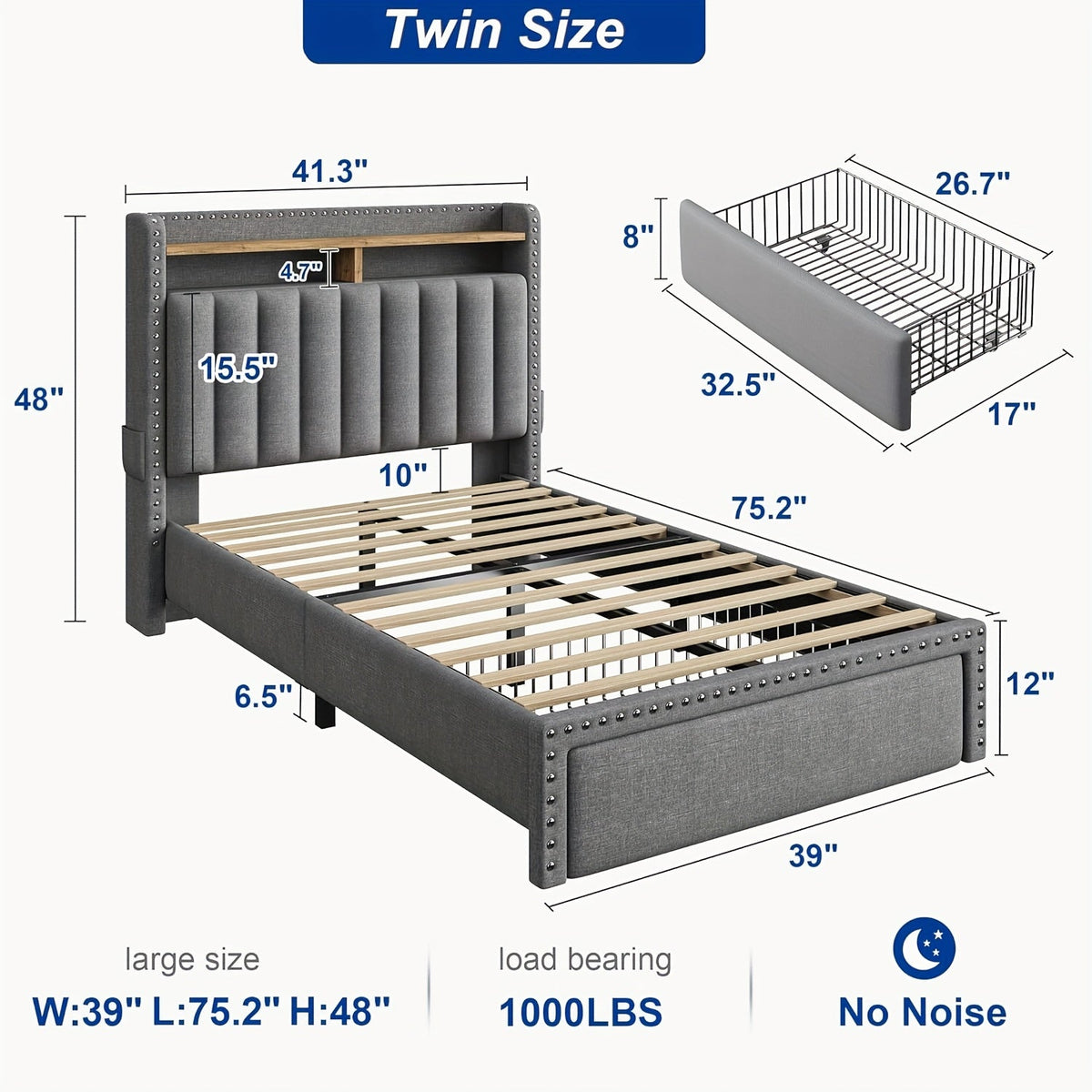 Bed Frame with Drawers, Upholstered Platform with 48-Inch Rivet Headboard, Two Storage Drawers and Wood Slats