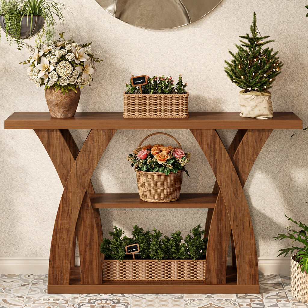 55.1-Inch Two-Tier Console Table with Curved Side Supports and Open Lower Shelf in Two Wood-Look Finishes
