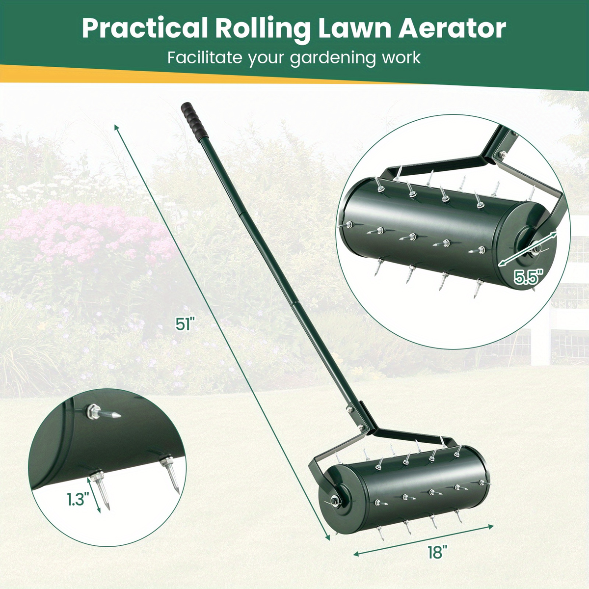 Rotary Lawn Aerator 18" Spike Drum with 27 Galvanized Steel Spikes, Fillable with Sand or Stone
