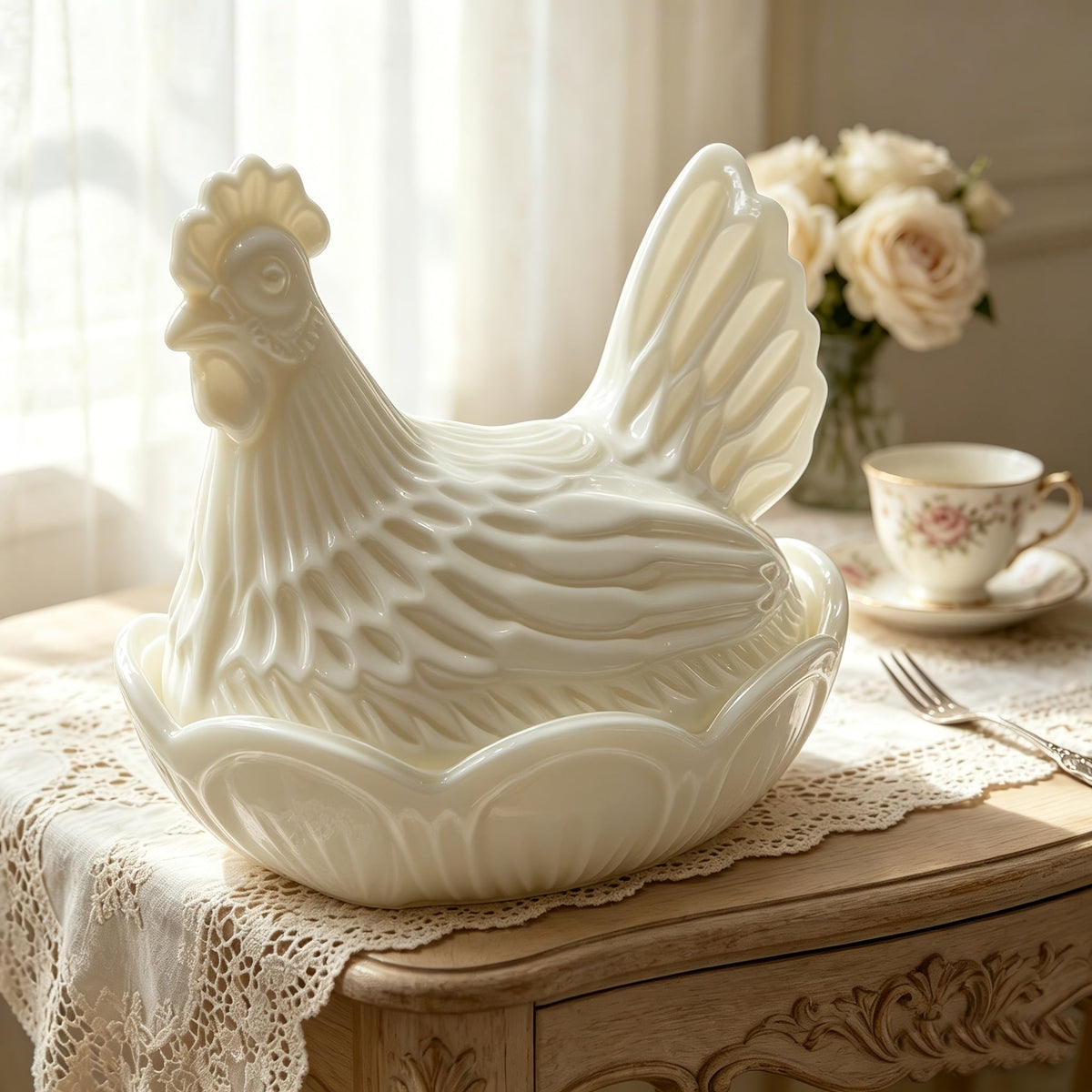 Glass Chicken Candy Jar – Vintage Milk Glass Nesting Hen Cookie Jar with Lid for Home Decor, Kitchen Display & Gifts