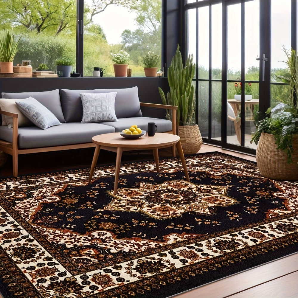 Area Rug, Persian Bohemian Pattern Carpet in Four Rectangular Sizes with Machine-Wash Care and Textured Backing