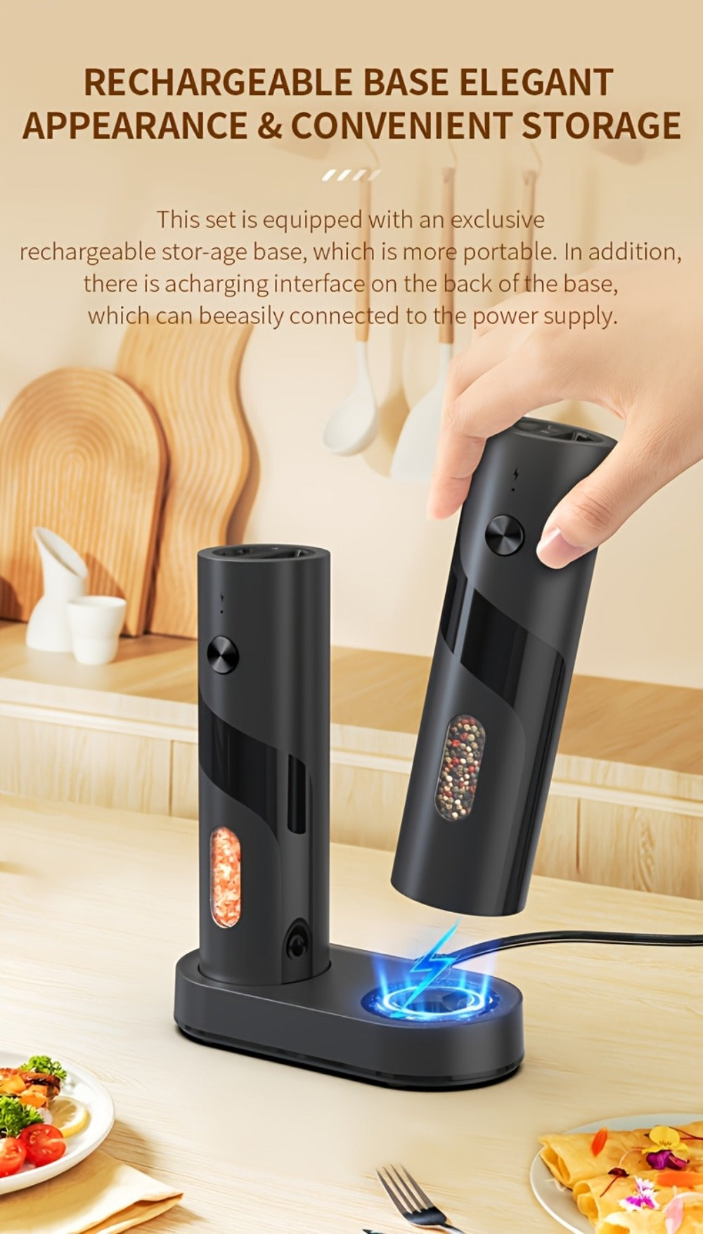 Electric Salt and Pepper Grinder Set with LED Light, Rechargeable Salt Pepper Mill, Adjustable Coarseness 3.72oz Large