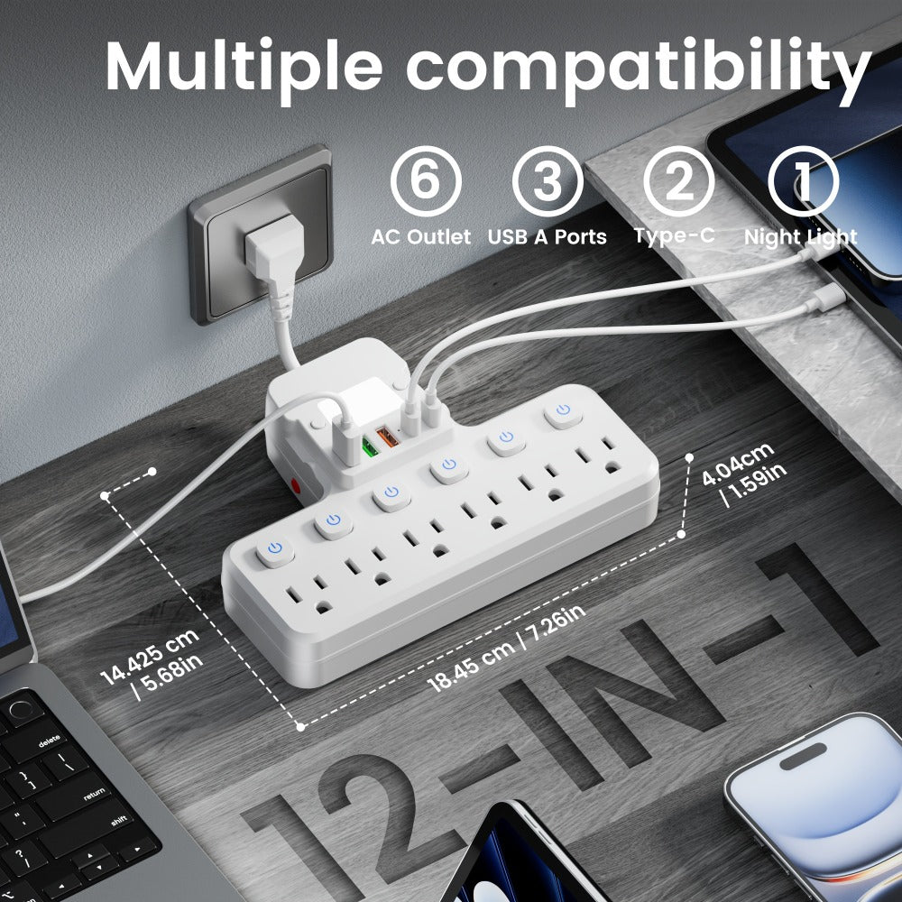 Desk Lamp Power Strip 12-in-1 with Adjustable LED Light, 6 AC Outlets & 5 USB Ports (3 USB-A + 2 USB-C)