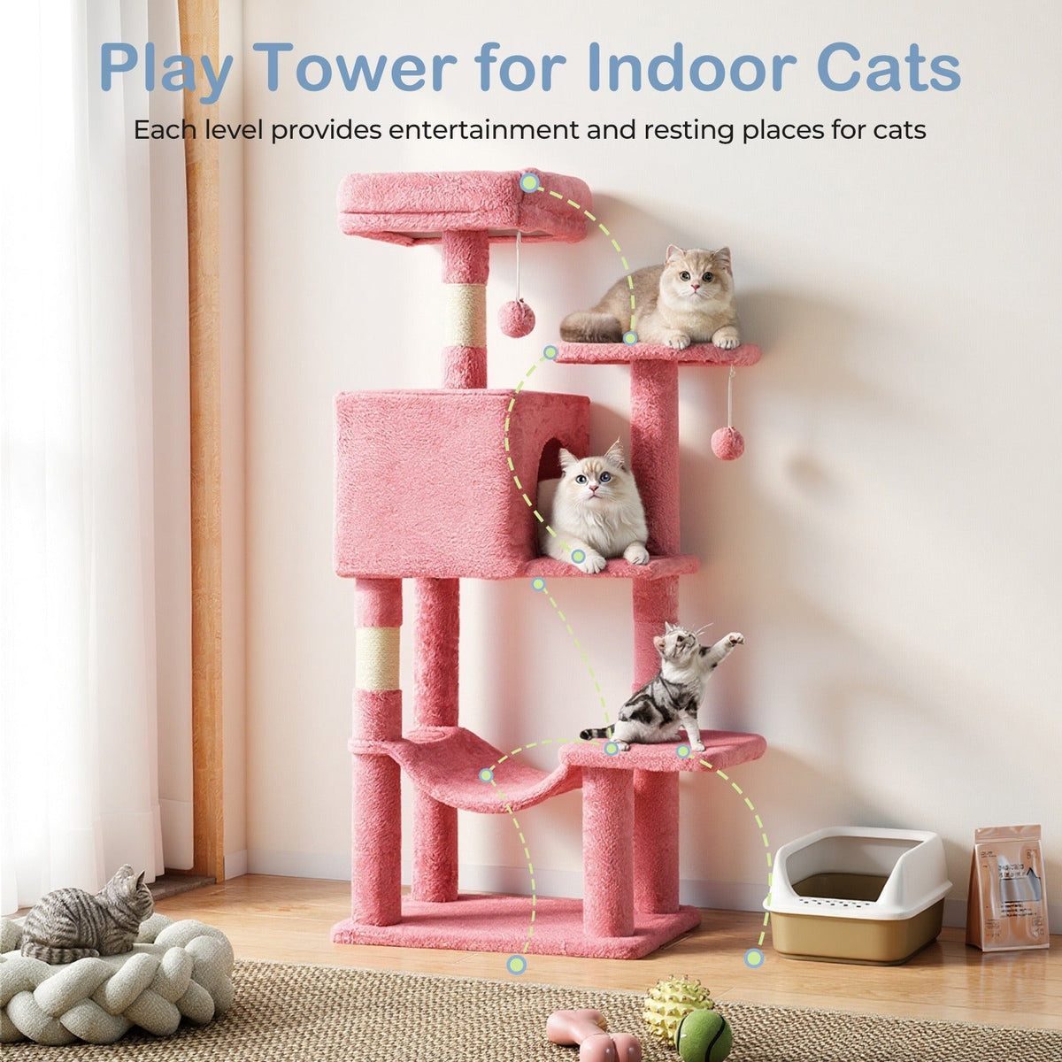 Multi-Level 44in Cat Tower with Enclosed Condo, Hammock, Round Platforms and Sisal-Wrapped Posts