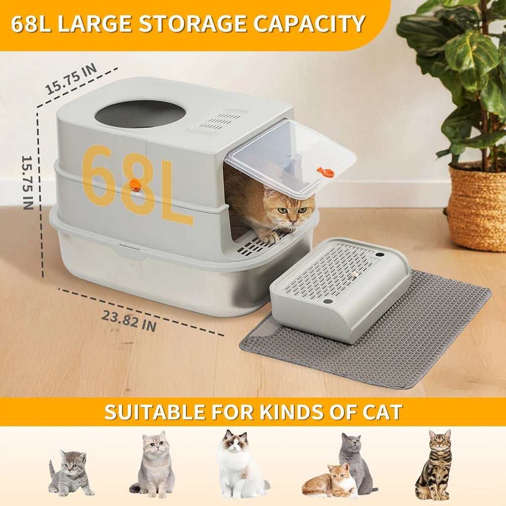 TEKEPL 68L Cat Litter Box with Stainless Steel Basin and Modular Enclosed, Semi-Open or Open Configuration
