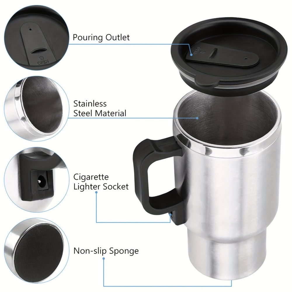 Car Electric Kettle 12V 60W 450ml Stainless Steel Keep 65C Portable Heating Thermos Cup for Entryways, Bedrooms and Living Spaces