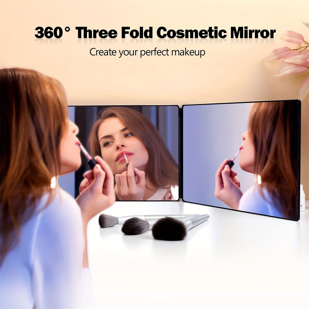 Hair Cutting Mirror 3 Way with LED Light – 360° View Trifold Barber Mirror, Adjustable Height, Door Hang Wall Mount or Tabletop