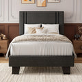 Bed Frame Upholstered Platform with 21-Inch Striped or Button-Tufted Headboard and Solid Wood Slats