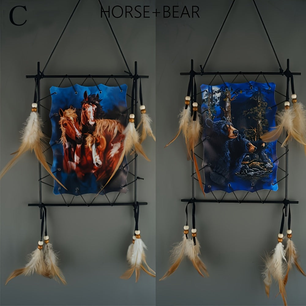 Wolf Eagle Dream Catcher Wall Art 2pcs Canvas Print Boho Native American Totem Hanging Decor with Feathers Wooden Beads Vintage Iron Frame