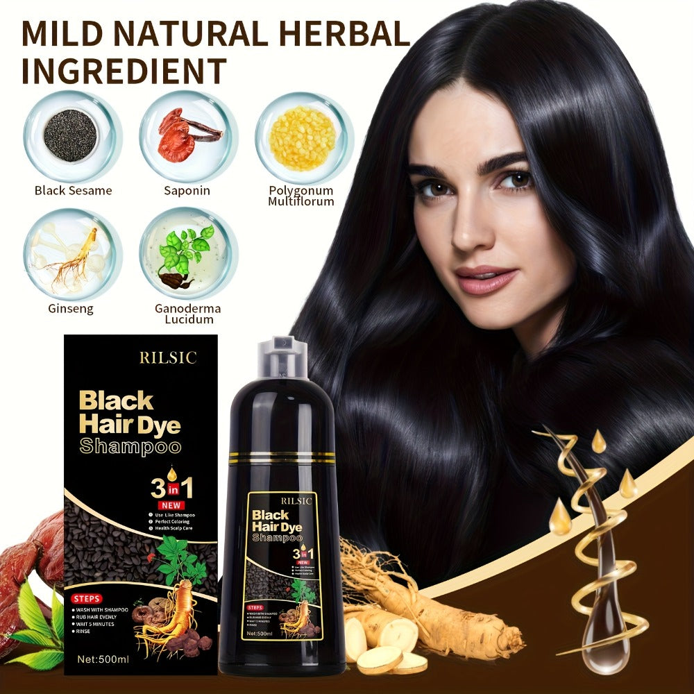 Hair Color Shampoo, RILSIC 3-in-1 500ml Pump Bottle with Black, Brown, Chestnut and Dark Brown Options