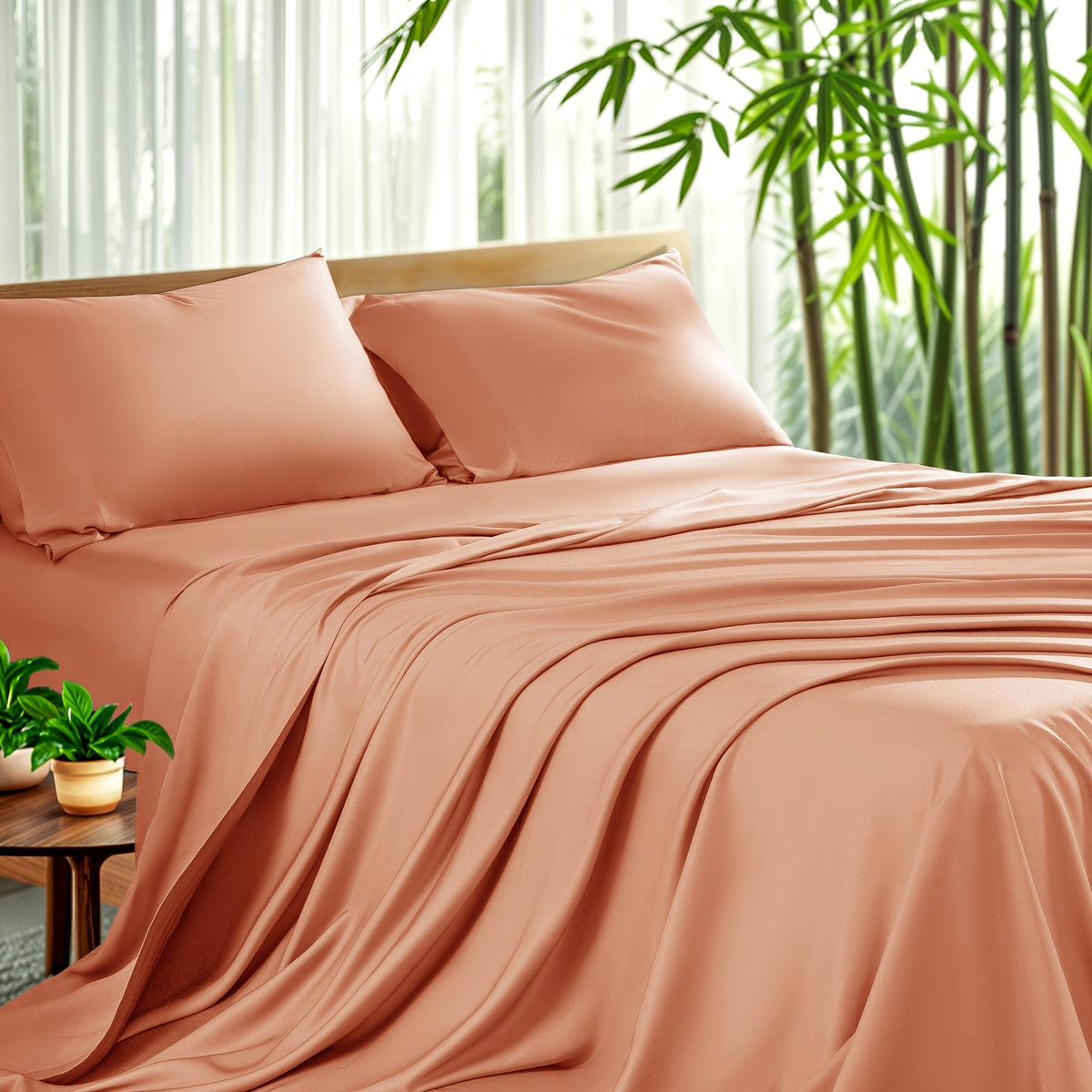 Sheet Set, Four-Piece Bamboo-Blend Plain-Weave Bedding with 16-Inch Fitted Pocket and Thirteen Solid Colors