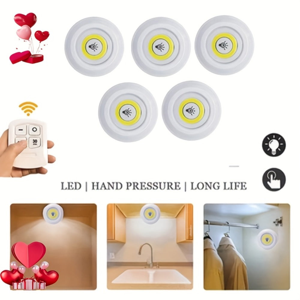 Five-Piece Round LED Puck Light Set with Wireless Remote, Adhesive or Magnetic Mounting and Timer