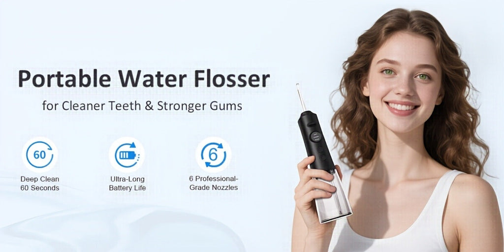 Water Flosser Srivdk Cordless Oral Irrigator with 300ml Tank, Three Pressure Modes, Six Nozzles and USB-C Charging