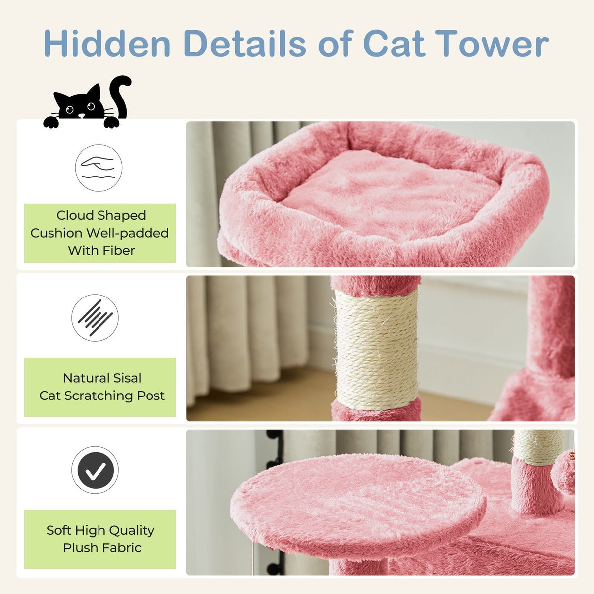 Multi-Level 44in Cat Tower with Enclosed Condo, Hammock, Round Platforms and Sisal-Wrapped Posts
