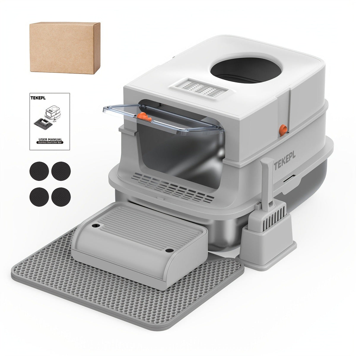 TEKEPL 68L Cat Litter Box with Stainless Steel Basin and Modular Enclosed, Semi-Open or Open Configuration