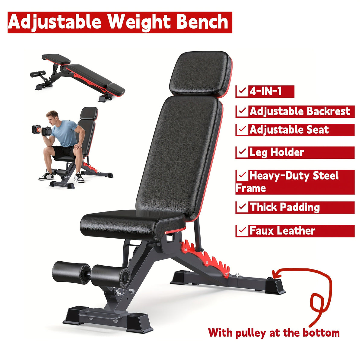 Adjustable Weight Bench 6-in-1 Foldable – Flat Incline Decline, Resistance Bands, Preacher Curl & Leg Developer, 770lb Capacity