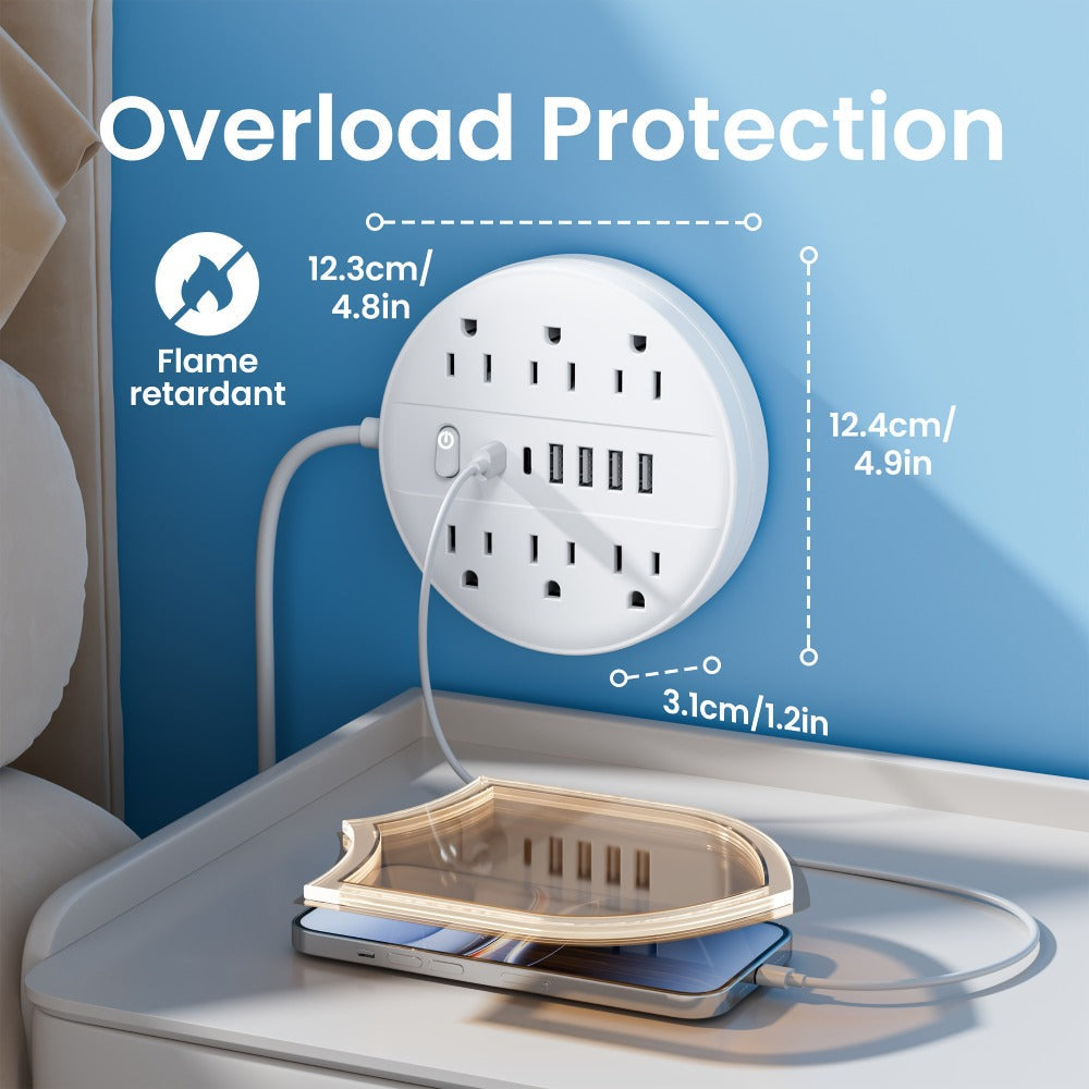 Power Strip 12-in-1 Wall-Mount Surge Protector with 6 AC Outlets, 4 USB-A, 2 USB-C and Three Cord Lengths