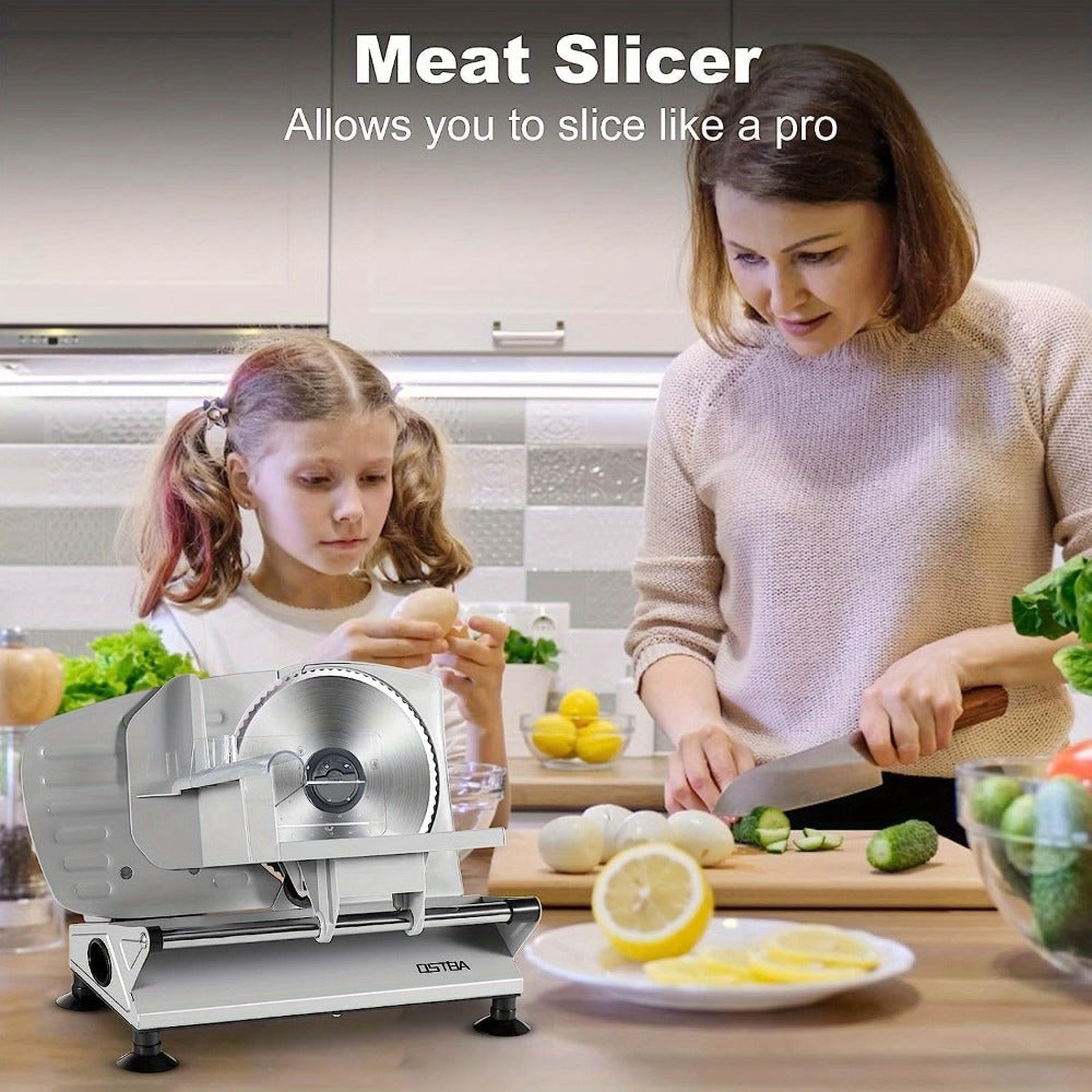 Electric Meat Slicer for Home Use – Deli Food Slicer with 2 Removable Stainless Steel Blades, Adjustable Thickness, Food Carriage for Meat