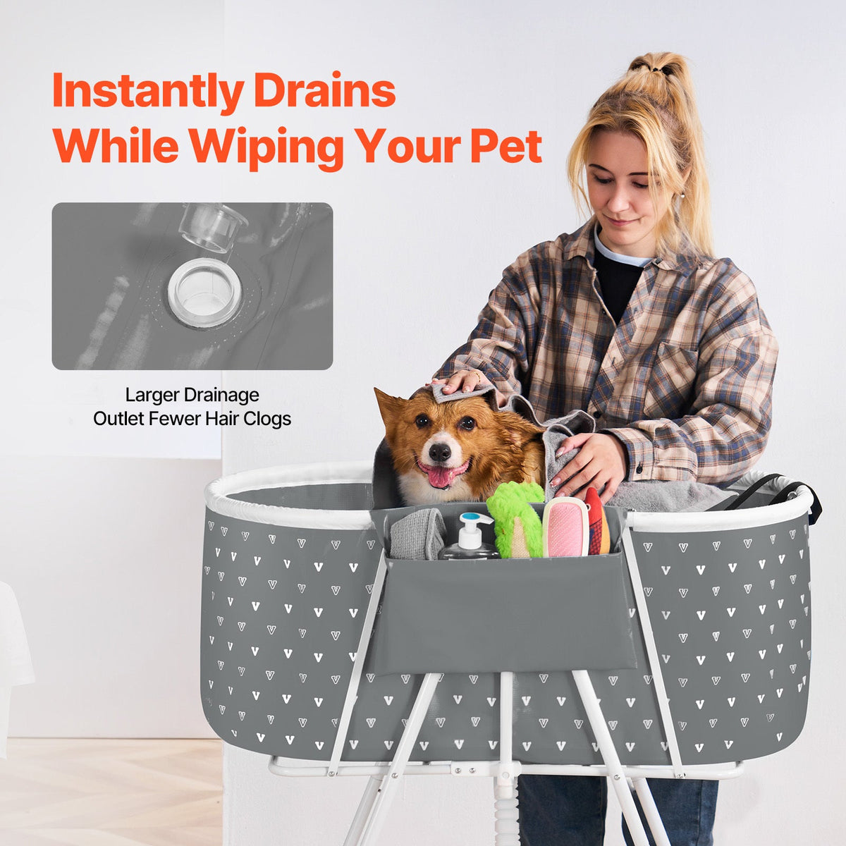 Elevated Foldable Pet Bathtub – Stand-Up Dog Grooming Tub with Carbon Steel Legs, 220 lbs Capacity & Expandable Drain Hose | 33"x18" PVC Tub