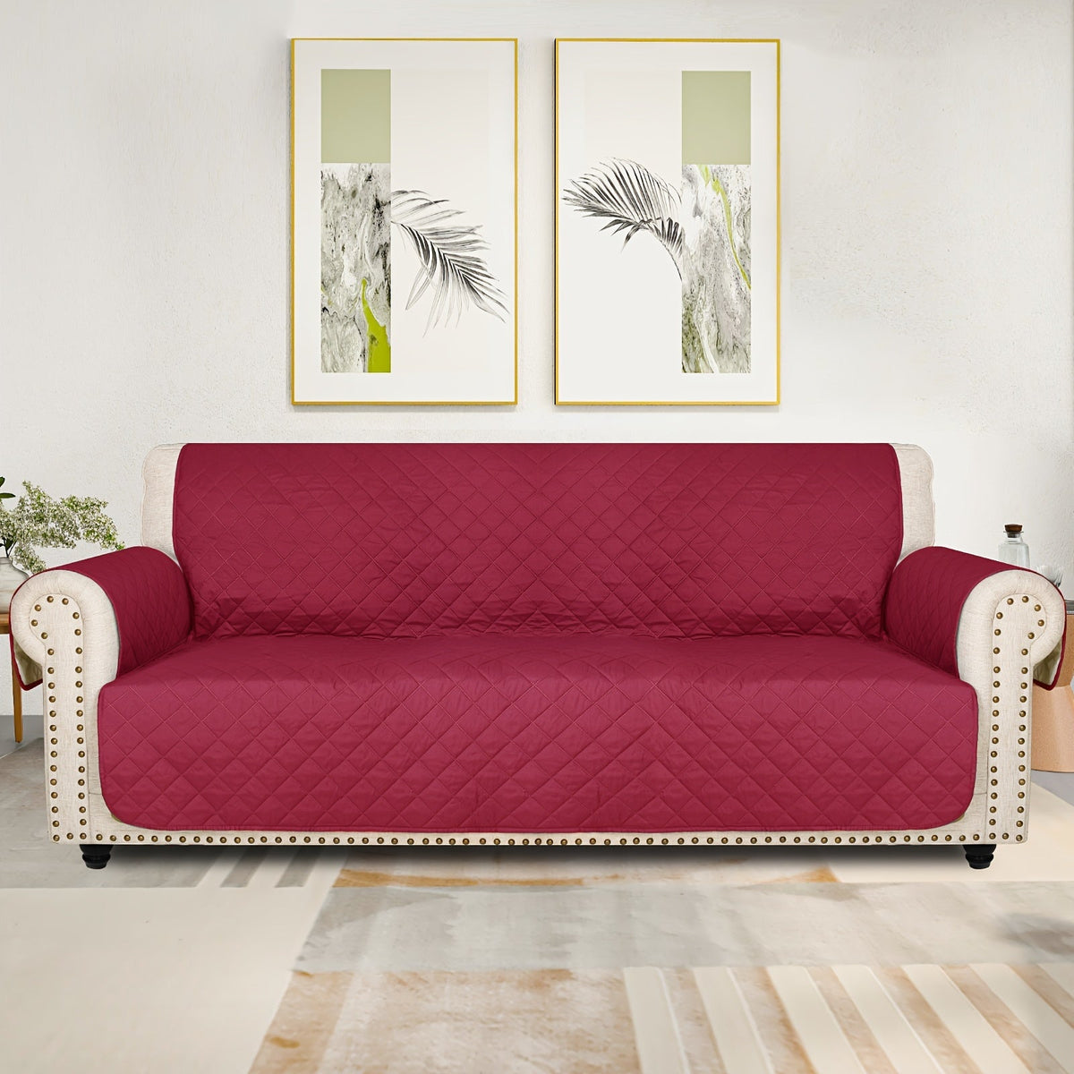 Sofa Cover Five-Layer Quilted Microfiber Protector with Elastic Strap and Foam Anchors for 3 or 4 Seats