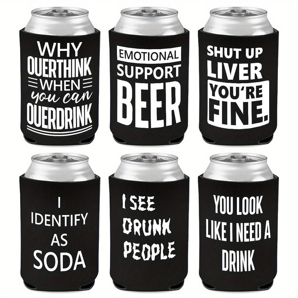 6-Pack Neoprene Beer Can Coolers with Funny Drinking Phrases – Insulated Drink Sleeves for Soda & Lager – Durable Cylindrical Can Huggers