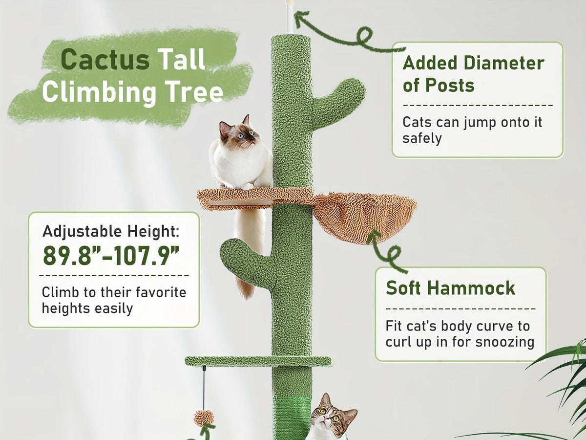 Floor to Ceiling Cat Tree Tower 90–107" – 4-Tier Tall Adjustable Cat Climbing Post with Tension Rod | Ceiling-Mounted Stable Cat Activity