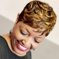 Synthetic Wig 6-Inch Blonde-Brown Mixed Pixie Cut with Bangs and Adjustable Rose Net Cap for Daily Styling